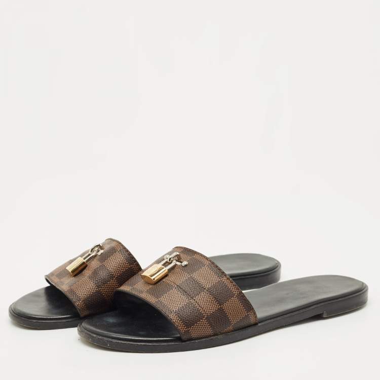 Pre Owned Louis Vuitton Brown Monogram Canvas Lock It Slides Sandals Size 38