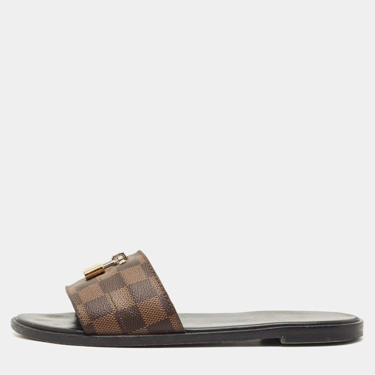 Pre Owned Louis Vuitton Brown Monogram Canvas Lock It Slides Sandals Size 38
