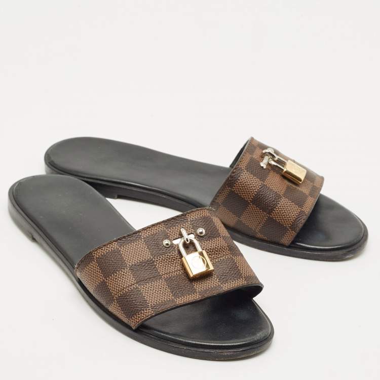 Pre Owned Louis Vuitton Brown Monogram Canvas Lock It Slides Sandals Size 38
