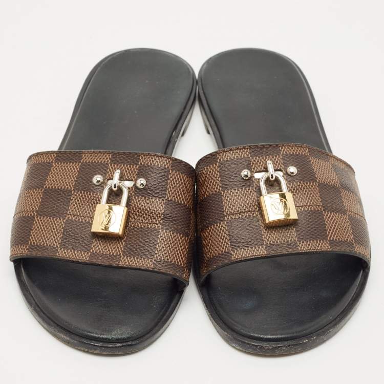 Pre Owned Louis Vuitton Brown Monogram Canvas Lock It Slides Sandals Size 38
