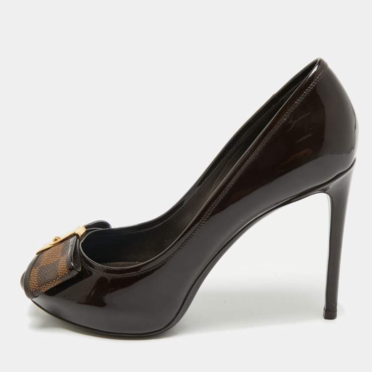 Pre Owned Louis Vuitton Brown Patent Leather Valentine Peep Toe Pumps Size 37.5