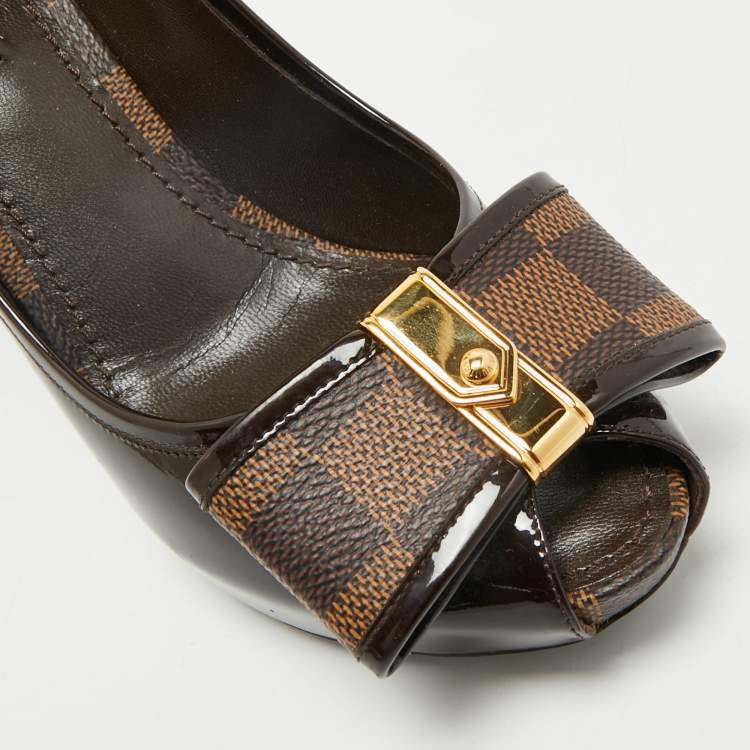 Pre Owned Louis Vuitton Brown Patent Leather Valentine Peep Toe Pumps Size 37.5