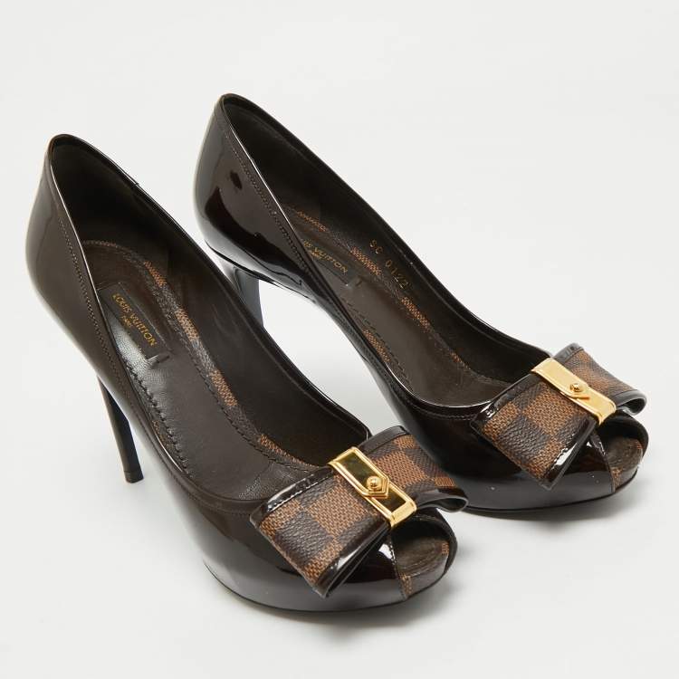 Pre Owned Louis Vuitton Brown Patent Leather Valentine Peep Toe Pumps Size 37.5