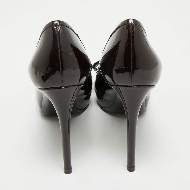 Pre Owned Louis Vuitton Brown Patent Leather Valentine Peep Toe Pumps Size 37.5