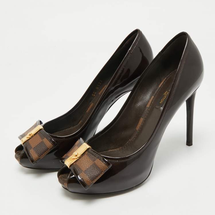 Pre Owned Louis Vuitton Brown Patent Leather Valentine Peep Toe Pumps Size 37.5