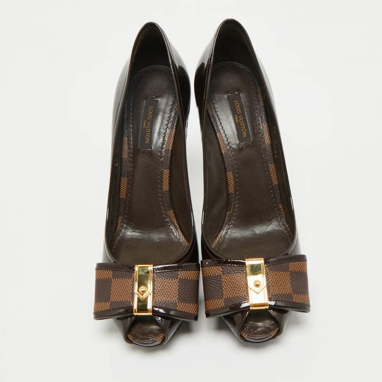 Pre Owned Louis Vuitton Brown Patent Leather Valentine Peep Toe Pumps Size 37.5