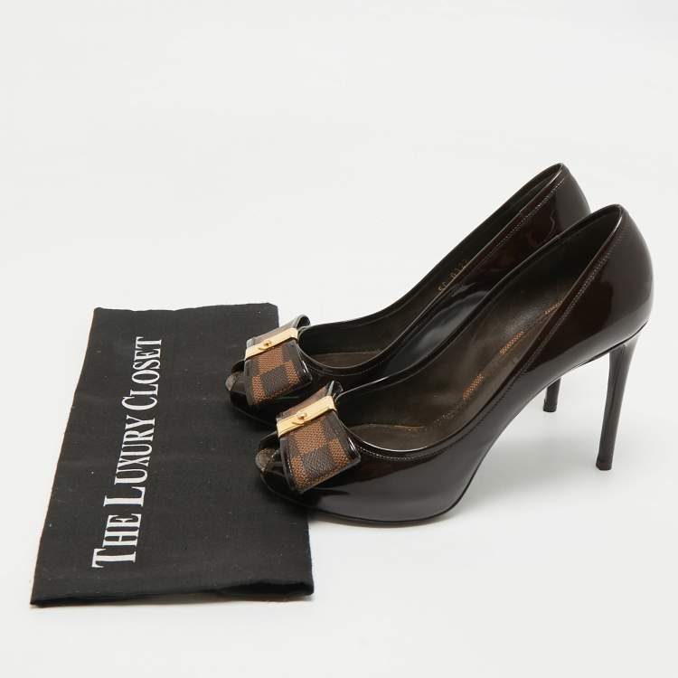 Pre Owned Louis Vuitton Brown Patent Leather Valentine Peep Toe Pumps Size 37.5