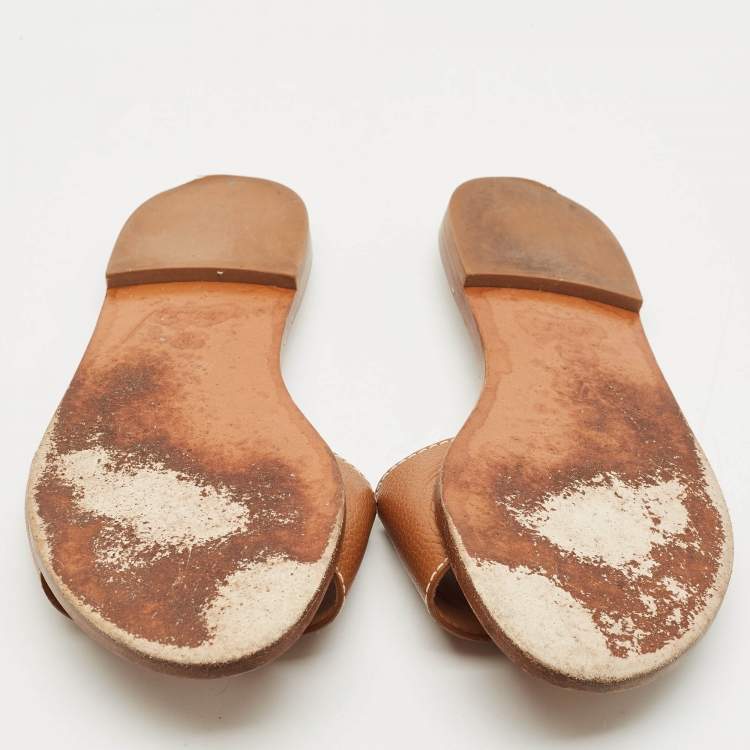 Pre Owned Louis Vuitton Brown Leather Lock It Flat Slides Size 37