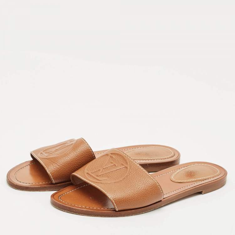 Pre Owned Louis Vuitton Brown Leather Lock It Flat Slides Size 37