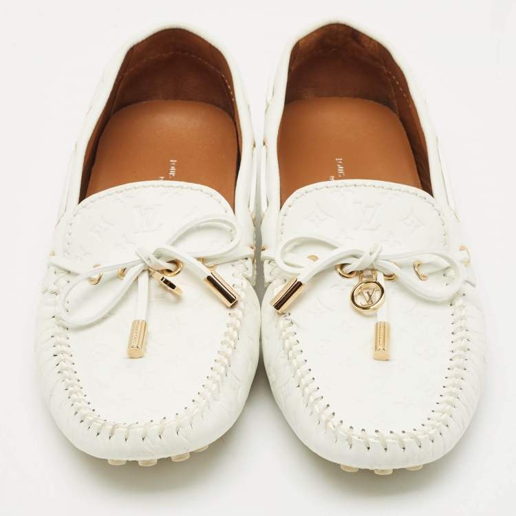 Pre Owned Louis Vuitton White Monogram Empreinte Leather Gloria Loafers Size 38