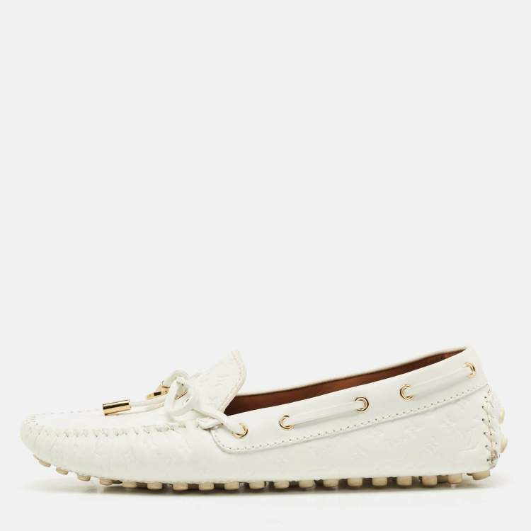 Pre Owned Louis Vuitton White Monogram Empreinte Leather Gloria Loafers Size 38