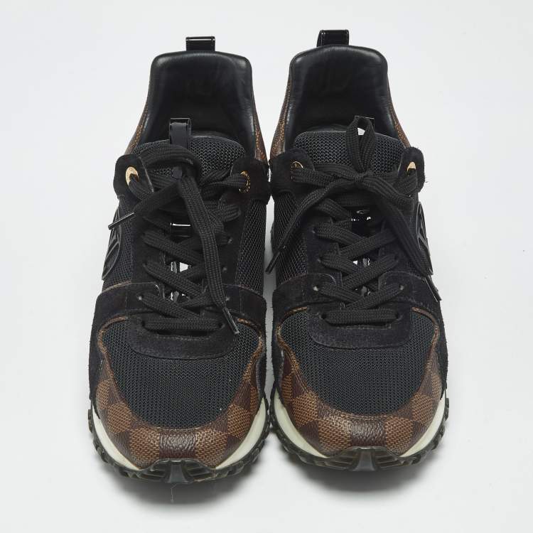 Pre Owned Louis Vuitton Black Mesh and Damier Ebene Canvas Run Away Sneakers Size 38.5