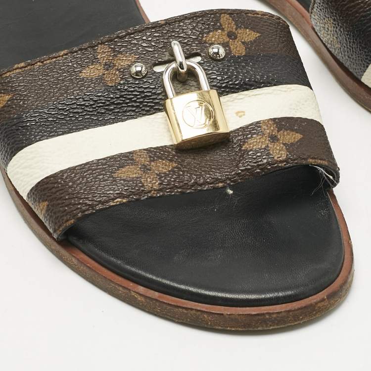 Pre Owned Louis Vuitton White/Brown Monogram Canvas Lock It Slides Sandals Size 37.5