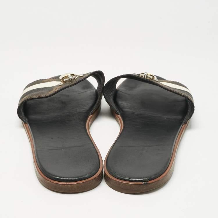 Pre Owned Louis Vuitton White/Brown Monogram Canvas Lock It Slides Sandals Size 37.5