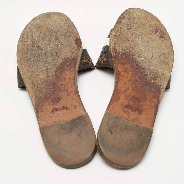 Pre Owned Louis Vuitton White/Brown Monogram Canvas Lock It Slides Sandals Size 37.5