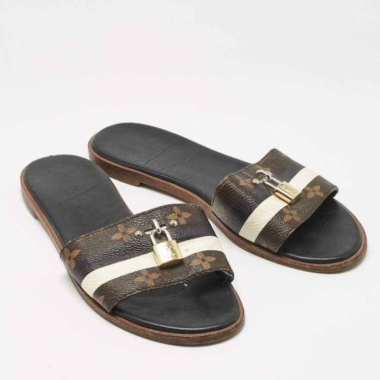 Pre Owned Louis Vuitton White/Brown Monogram Canvas Lock It Slides Sandals Size 37.5