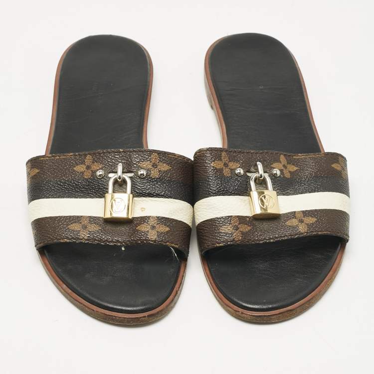 Pre Owned Louis Vuitton White/Brown Monogram Canvas Lock It Slides Sandals Size 37.5