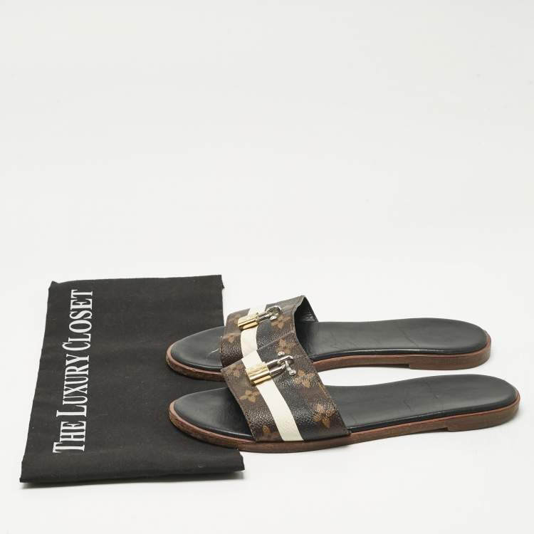 Pre Owned Louis Vuitton White/Brown Monogram Canvas Lock It Slides Sandals Size 37.5