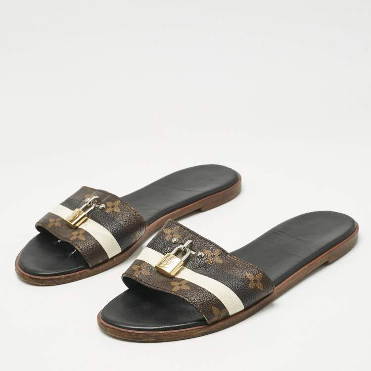 Pre Owned Louis Vuitton White/Brown Monogram Canvas Lock It Slides Sandals Size 37.5
