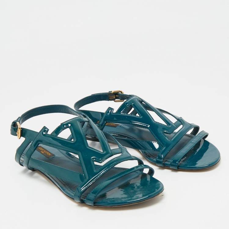 Pre Owned Louis Vuitton Dark Green Patent Leather Crossing Logo Flat Sandals Size 39