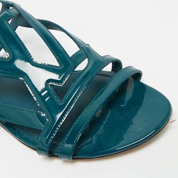 Pre Owned Louis Vuitton Dark Green Patent Leather Crossing Logo Flat Sandals Size 39