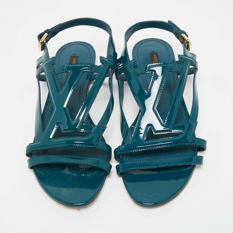 Pre Owned Louis Vuitton Dark Green Patent Leather Crossing Logo Flat Sandals Size 39