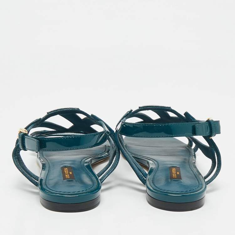 Pre Owned Louis Vuitton Dark Green Patent Leather Crossing Logo Flat Sandals Size 39