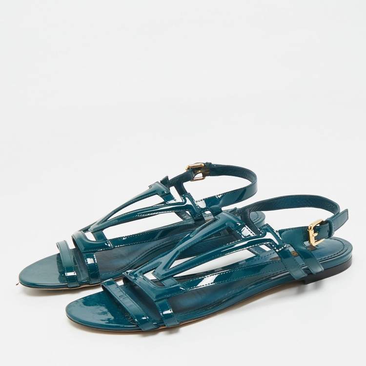 Pre Owned Louis Vuitton Dark Green Patent Leather Crossing Logo Flat Sandals Size 39