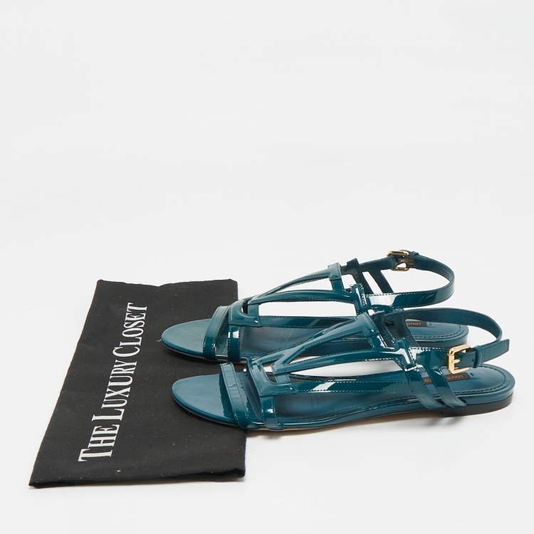 Pre Owned Louis Vuitton Dark Green Patent Leather Crossing Logo Flat Sandals Size 39