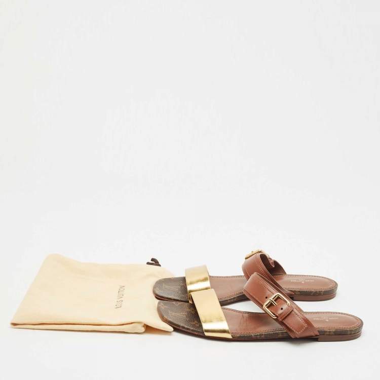 Pre Owned Louis Vuitton Brown/Gold Leather and Monogram Canvas Buckle Flat Sandals Size 41