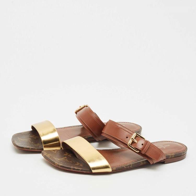 Pre Owned Louis Vuitton Brown/Gold Leather and Monogram Canvas Buckle Flat Sandals Size 41