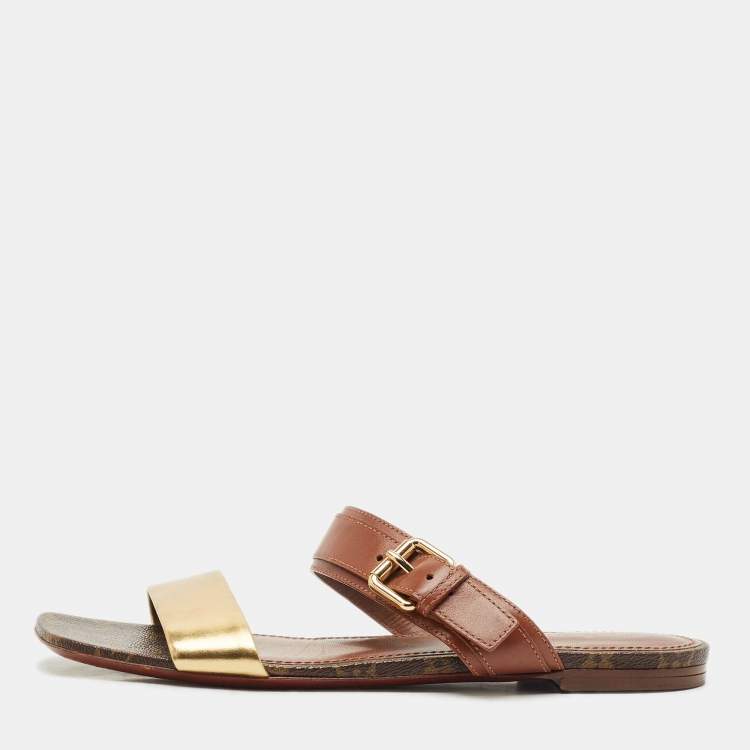 Pre Owned Louis Vuitton Brown/Gold Leather and Monogram Canvas Buckle Flat Sandals Size 41