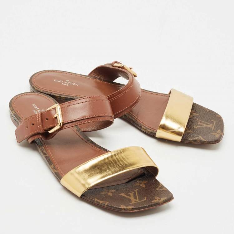 Pre Owned Louis Vuitton Brown/Gold Leather and Monogram Canvas Buckle Flat Sandals Size 41