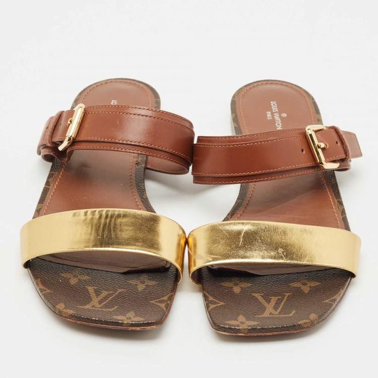 Pre Owned Louis Vuitton Brown/Gold Leather and Monogram Canvas Buckle Flat Sandals Size 41