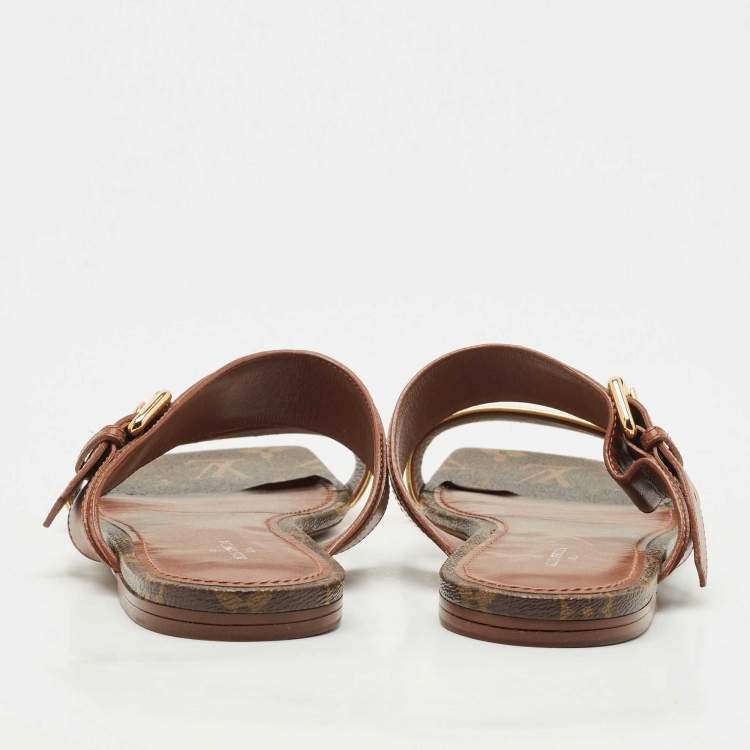 Pre Owned Louis Vuitton Brown/Gold Leather and Monogram Canvas Buckle Flat Sandals Size 41