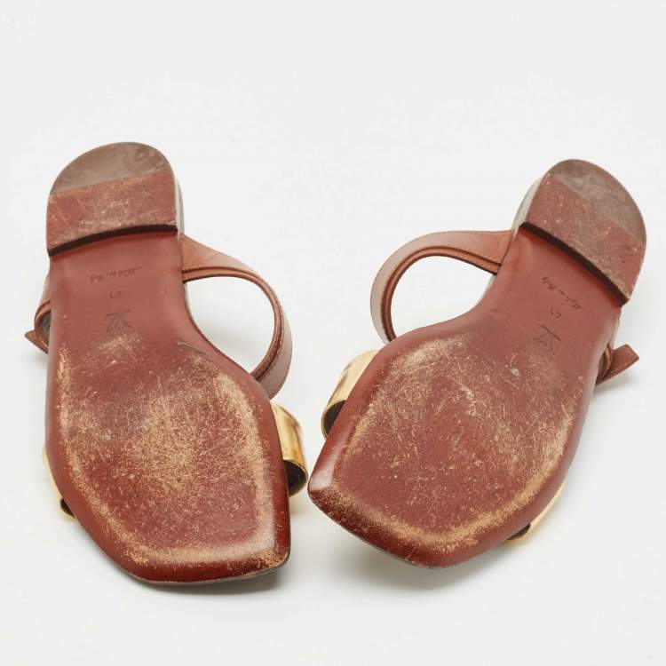 Pre Owned Louis Vuitton Brown/Gold Leather and Monogram Canvas Buckle Flat Sandals Size 41