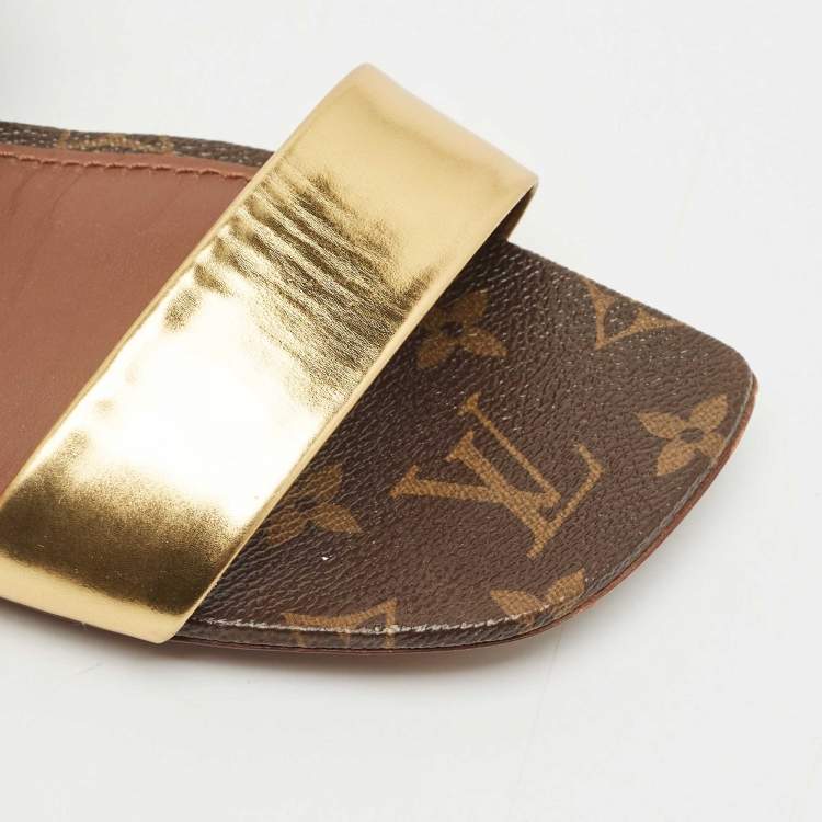 Pre Owned Louis Vuitton Brown/Gold Leather and Monogram Canvas Buckle Flat Sandals Size 41
