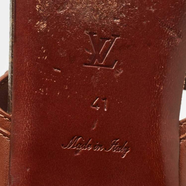 Pre Owned Louis Vuitton Brown/Gold Leather and Monogram Canvas Buckle Flat Sandals Size 41