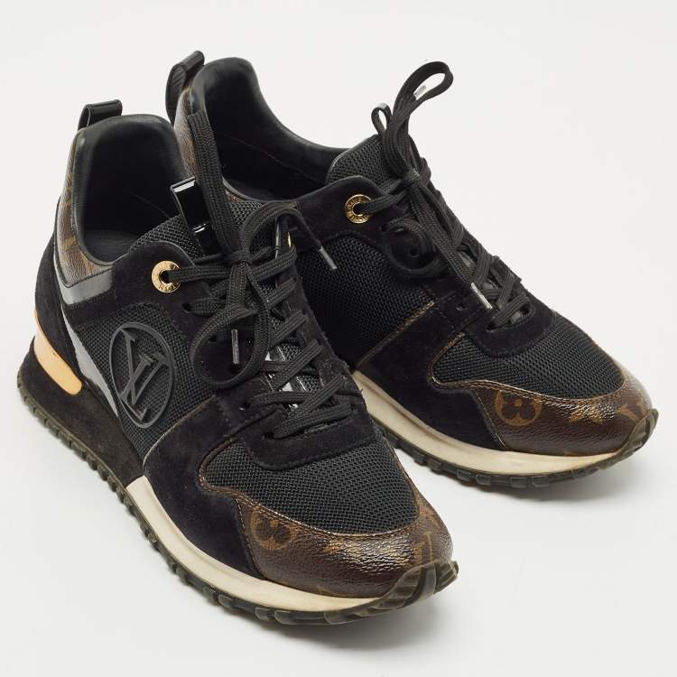 Pre Owned Louis Vuitton Black/Brown Monogram Canvas and Suede Run Away Lace Up Sneakers Size 37