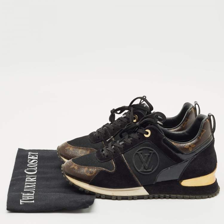 Pre Owned Louis Vuitton Black/Brown Monogram Canvas and Suede Run Away Lace Up Sneakers Size 37