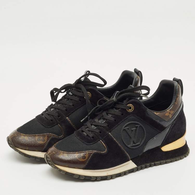 Pre Owned Louis Vuitton Black/Brown Monogram Canvas and Suede Run Away Lace Up Sneakers Size 37