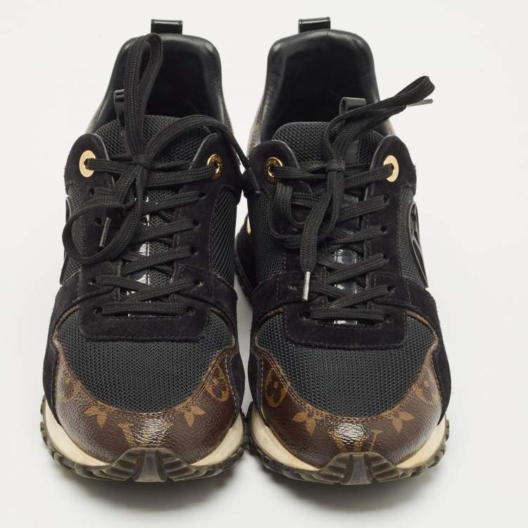 Pre Owned Louis Vuitton Black/Brown Monogram Canvas and Suede Run Away Lace Up Sneakers Size 37