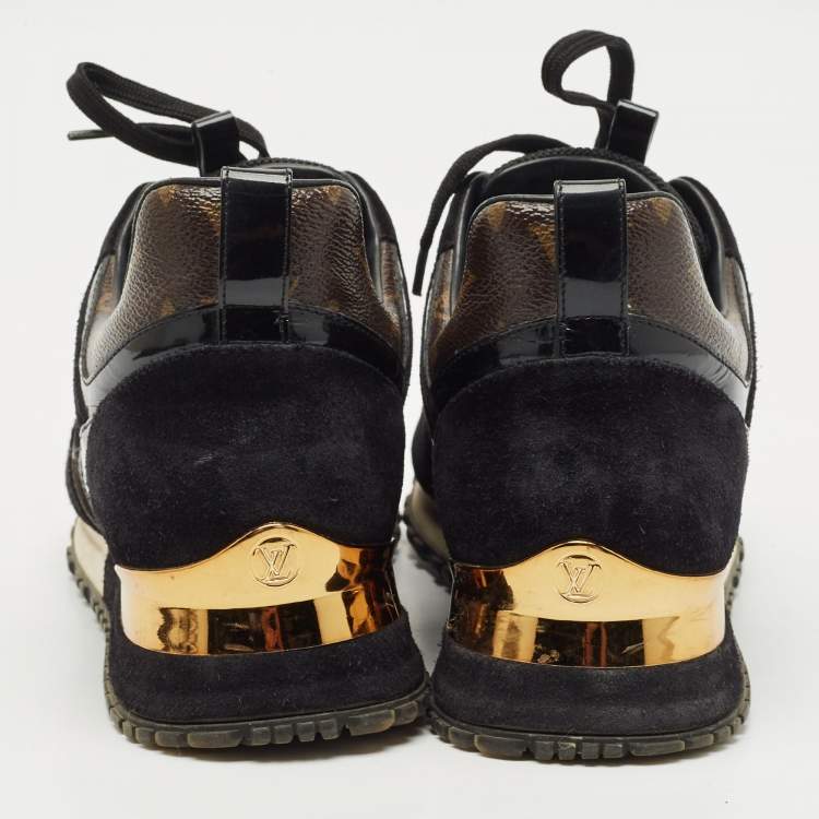 Pre Owned Louis Vuitton Black/Brown Monogram Canvas and Suede Run Away Lace Up Sneakers Size 37