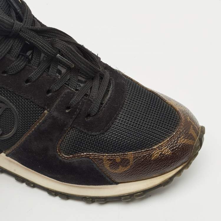 Pre Owned Louis Vuitton Black/Brown Monogram Canvas and Suede Run Away Lace Up Sneakers Size 37