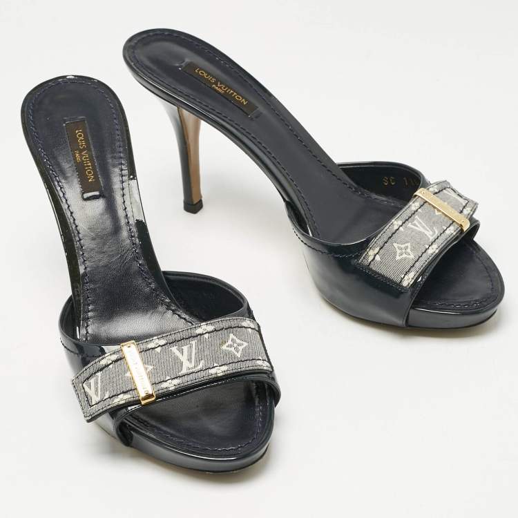 Pre Owned Louis Vuitton Black Blue Denim and Patent Leather Mini Lin Mules Size 38.5