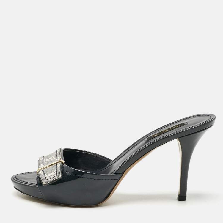 Pre Owned Louis Vuitton Black Blue Denim and Patent Leather Mini Lin Mules Size 38.5