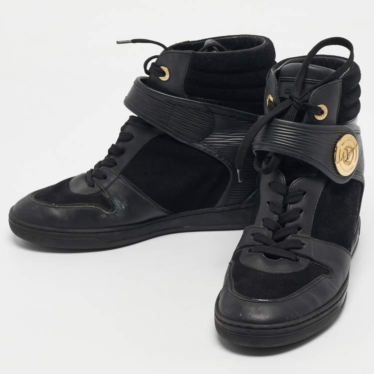 Pre Owned Louis Vuitton Black Leather and Patent Leather High Top Sneakers Size 38.5
