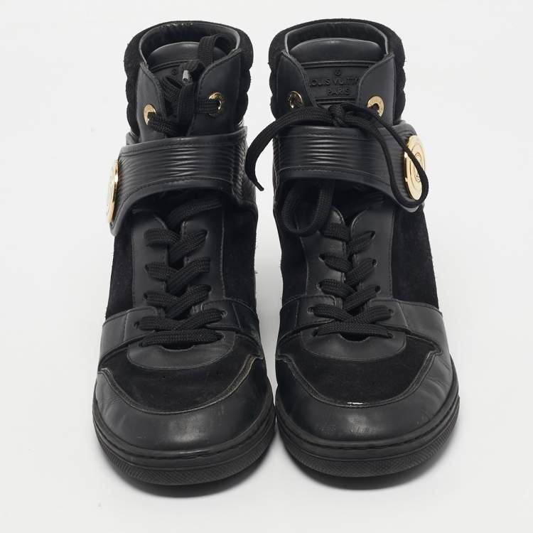 Pre Owned Louis Vuitton Black Leather and Patent Leather High Top Sneakers Size 38.5