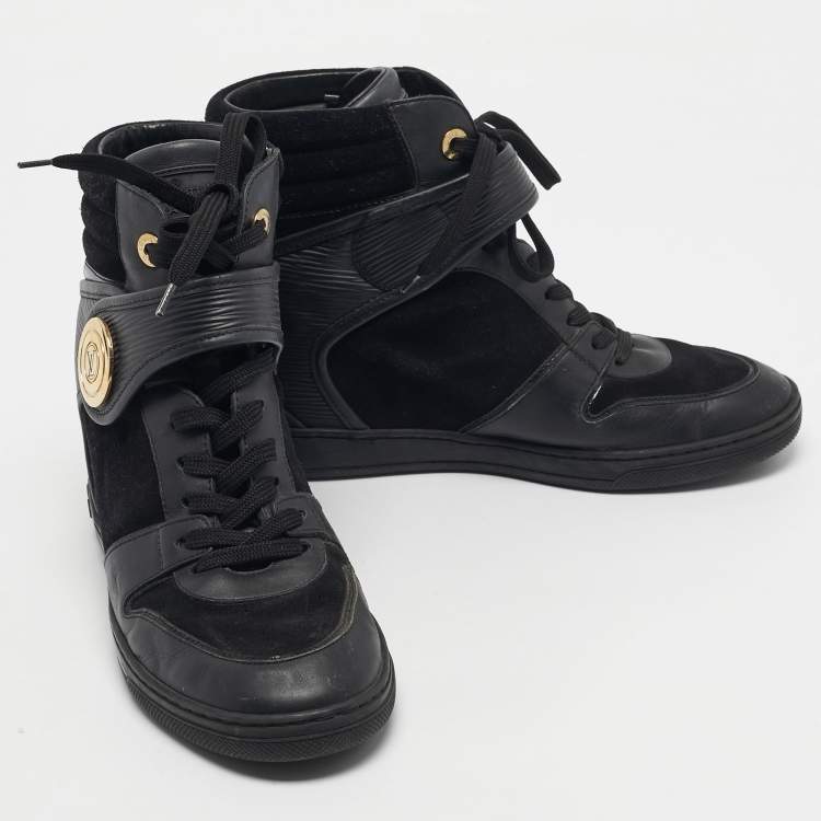 Pre Owned Louis Vuitton Black Leather and Patent Leather High Top Sneakers Size 38.5