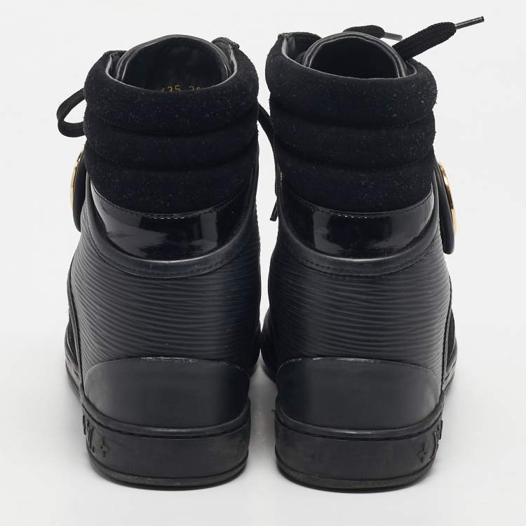 Pre Owned Louis Vuitton Black Leather and Patent Leather High Top Sneakers Size 38.5